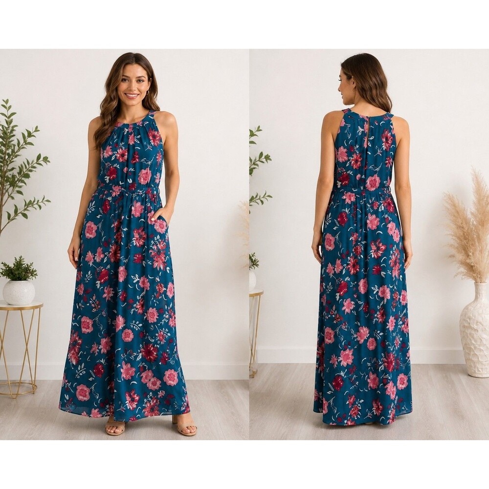 SLNY Floral Boho Chic Maxi Dress Teal Pink Sleeveless Pleated Waist Flowy 12